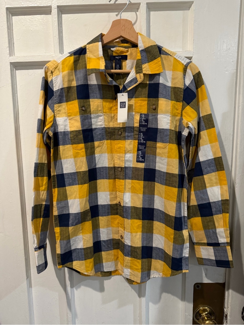 GAP Men's Yellow Navy White Plaid Button-Down Shirt - Long Sleeve